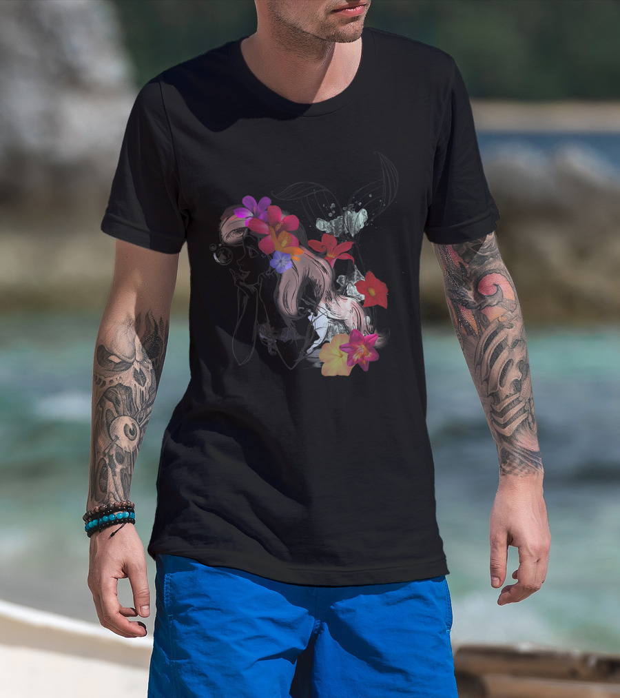 Disney The Little Mermaid Ariel Floral Watercolor Outline T-Shirt