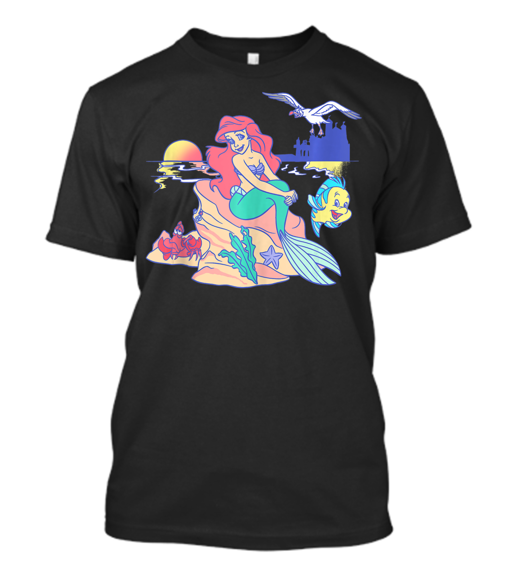 Disney The Little Mermaid Ariel Group Shot Sunset Scene With Flounder And Sebastian T-Shirt