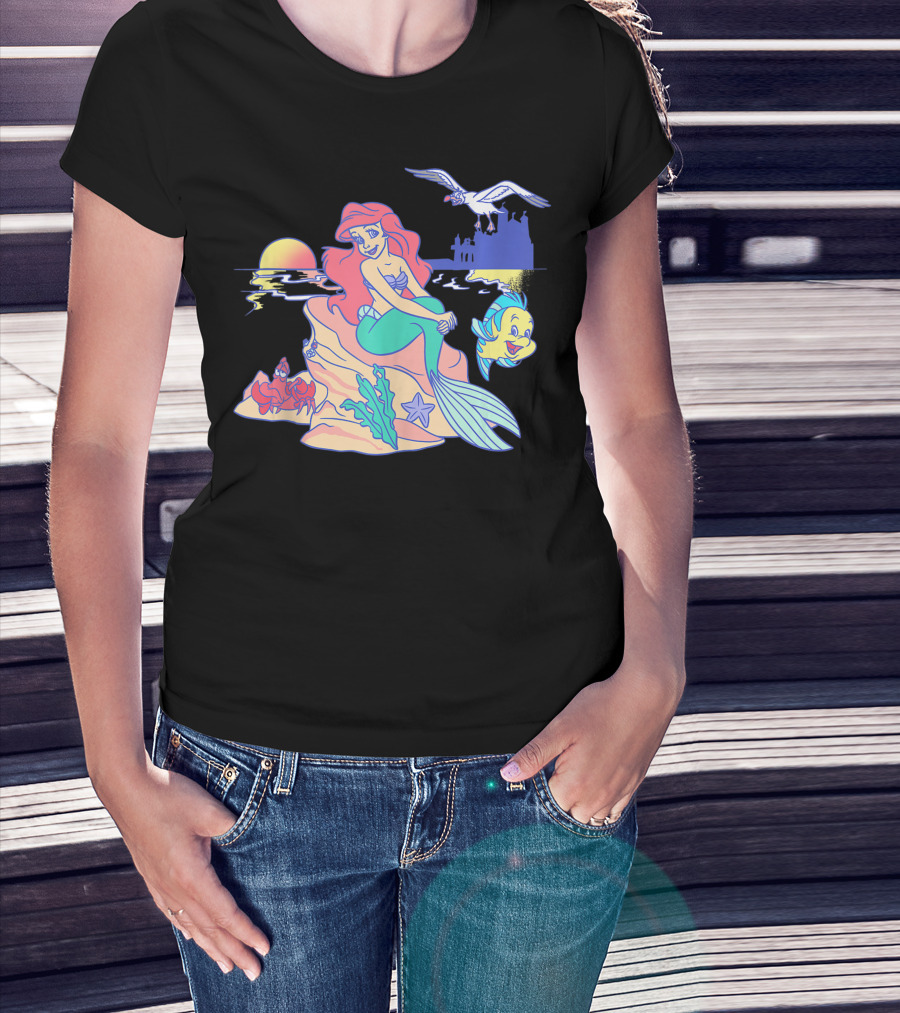 Disney The Little Mermaid Ariel Group Shot Sunset Scene With Flounder And Sebastian T-Shirt