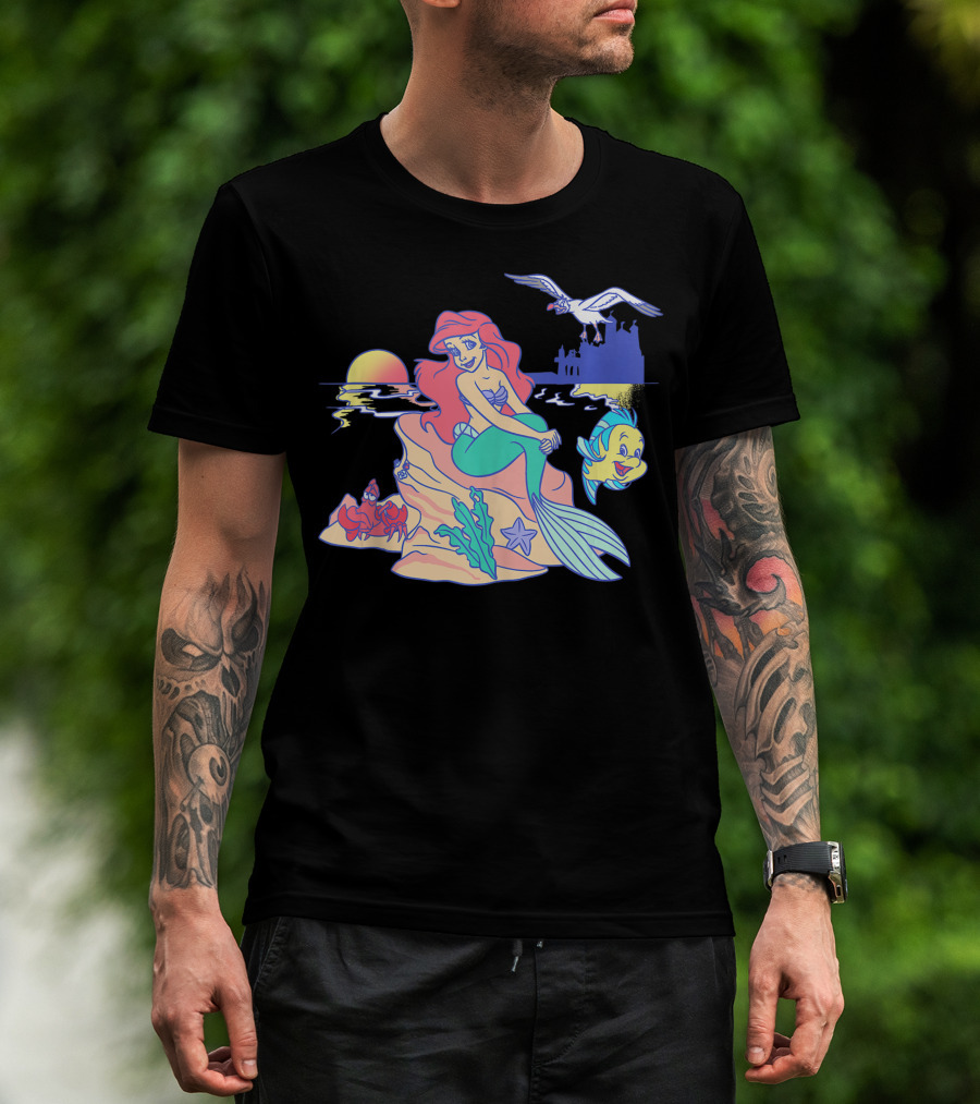 Disney The Little Mermaid Ariel Group Shot Sunset Scene With Flounder And Sebastian T-Shirt
