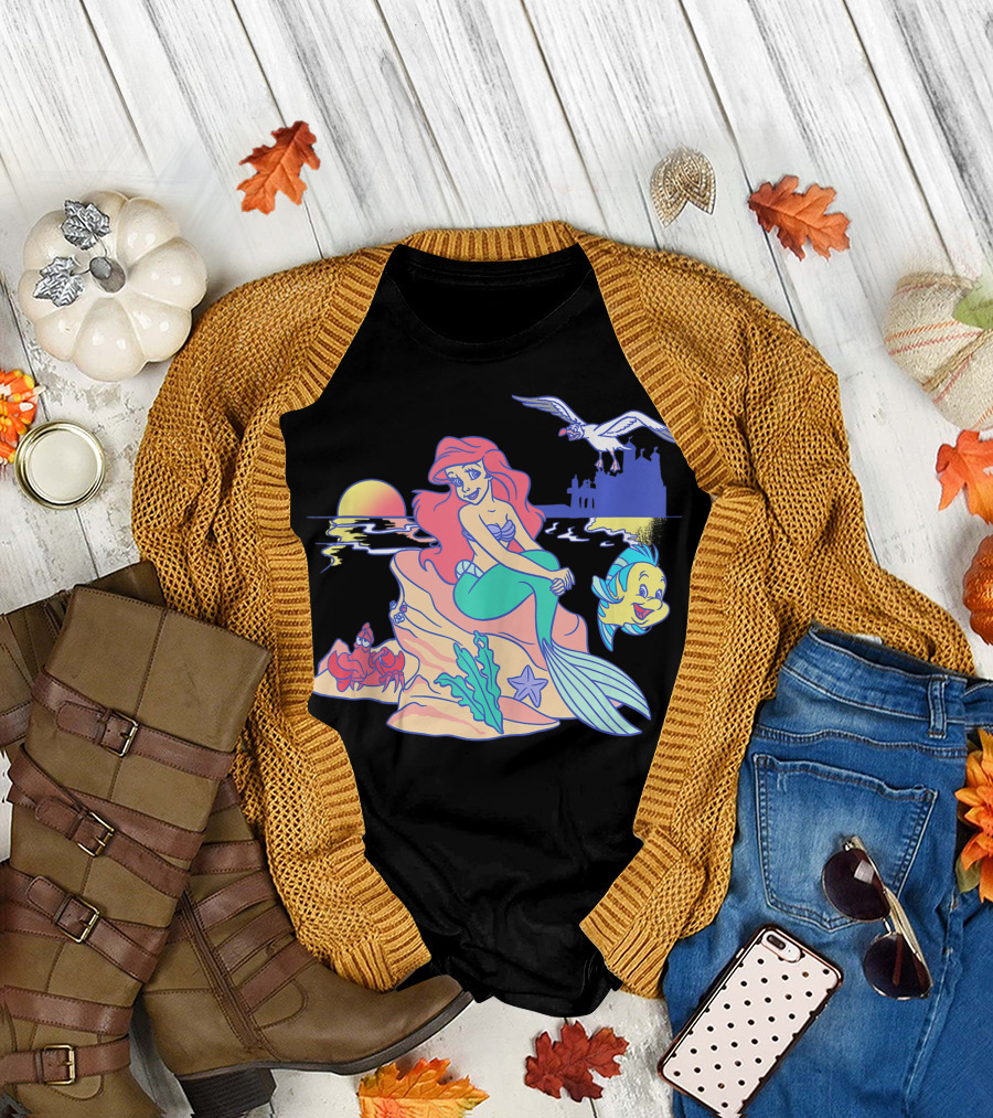 Disney The Little Mermaid Ariel Group Shot Sunset Scene With Flounder And Sebastian T-Shirt