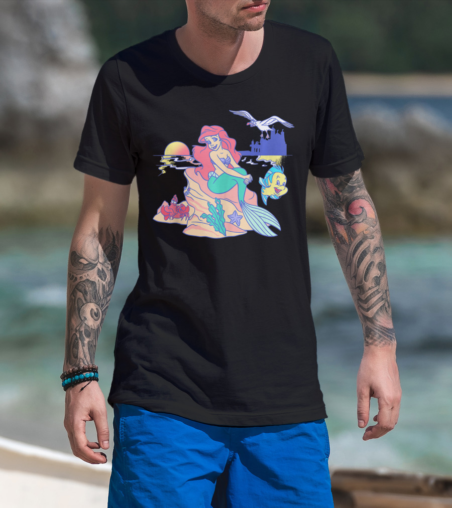 Disney The Little Mermaid Ariel Group Shot Sunset Scene With Flounder And Sebastian T-Shirt