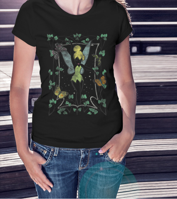 Disney Tinker Bell Butterfly Frame Water Color With Stars And Ivy T-Shirt