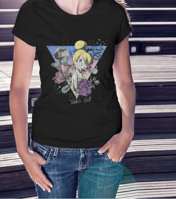 Disney Tinker Bell Moon Flowers Butterfly Wilderness Collage T-Shirt