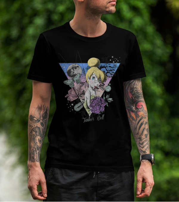 Disney Tinker Bell Moon Flowers Butterfly Wilderness Collage T-Shirt