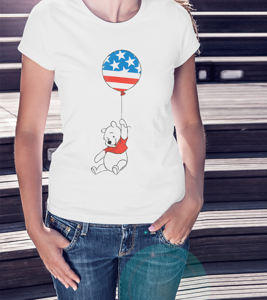 Disney USA Stars And Stripes Balloon Winnie The Pooh Bear 7Q T-Shirt