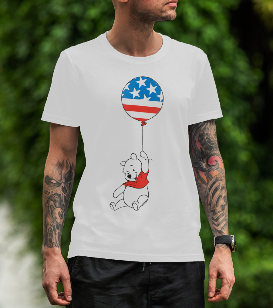 Disney USA Stars And Stripes Balloon Winnie The Pooh Bear 7Q T-Shirt