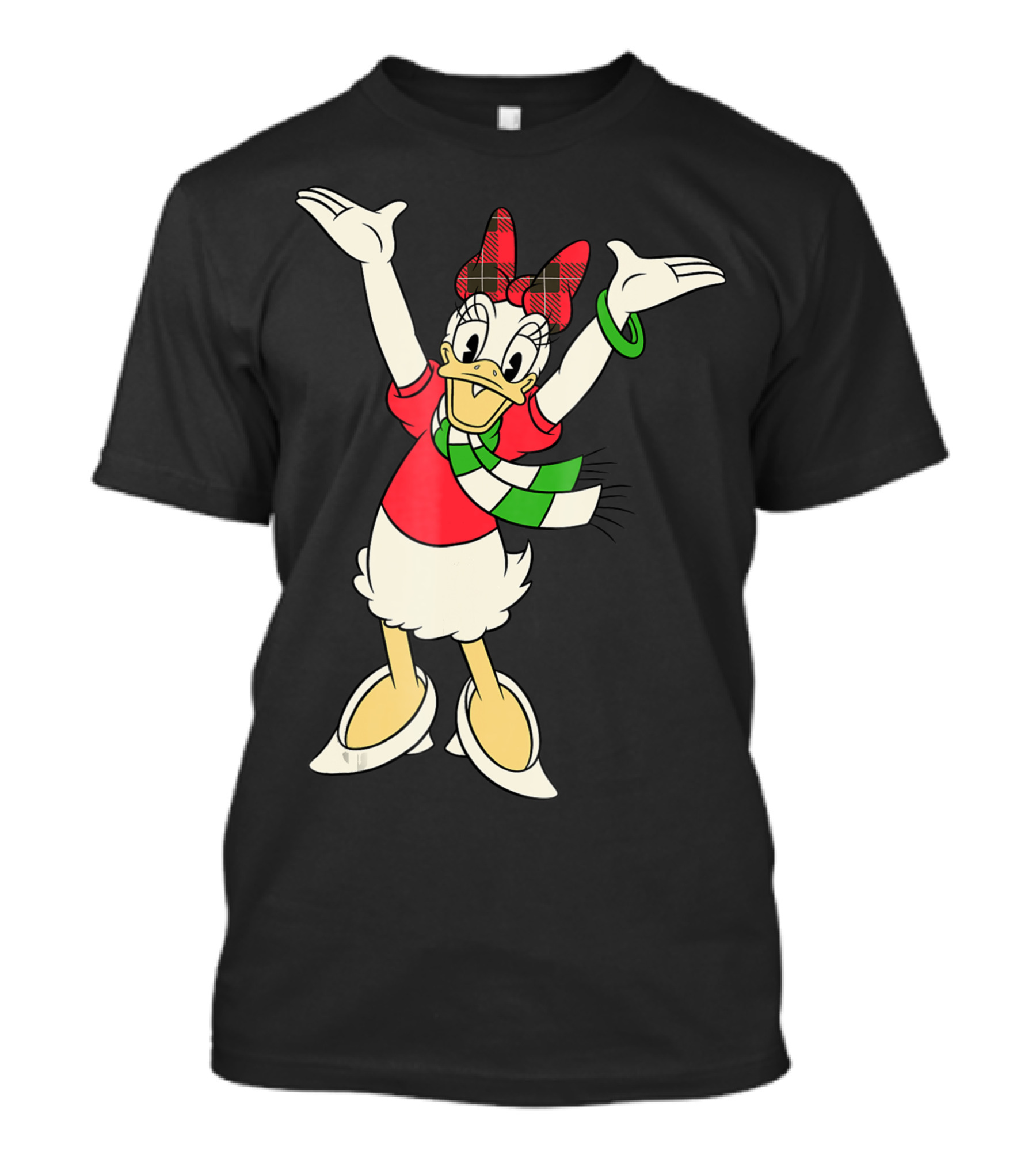 Disney Vintage Daisy Duck Festive Holiday Cheer With Plaid Bow And Green Striped Scarf T-Shirt