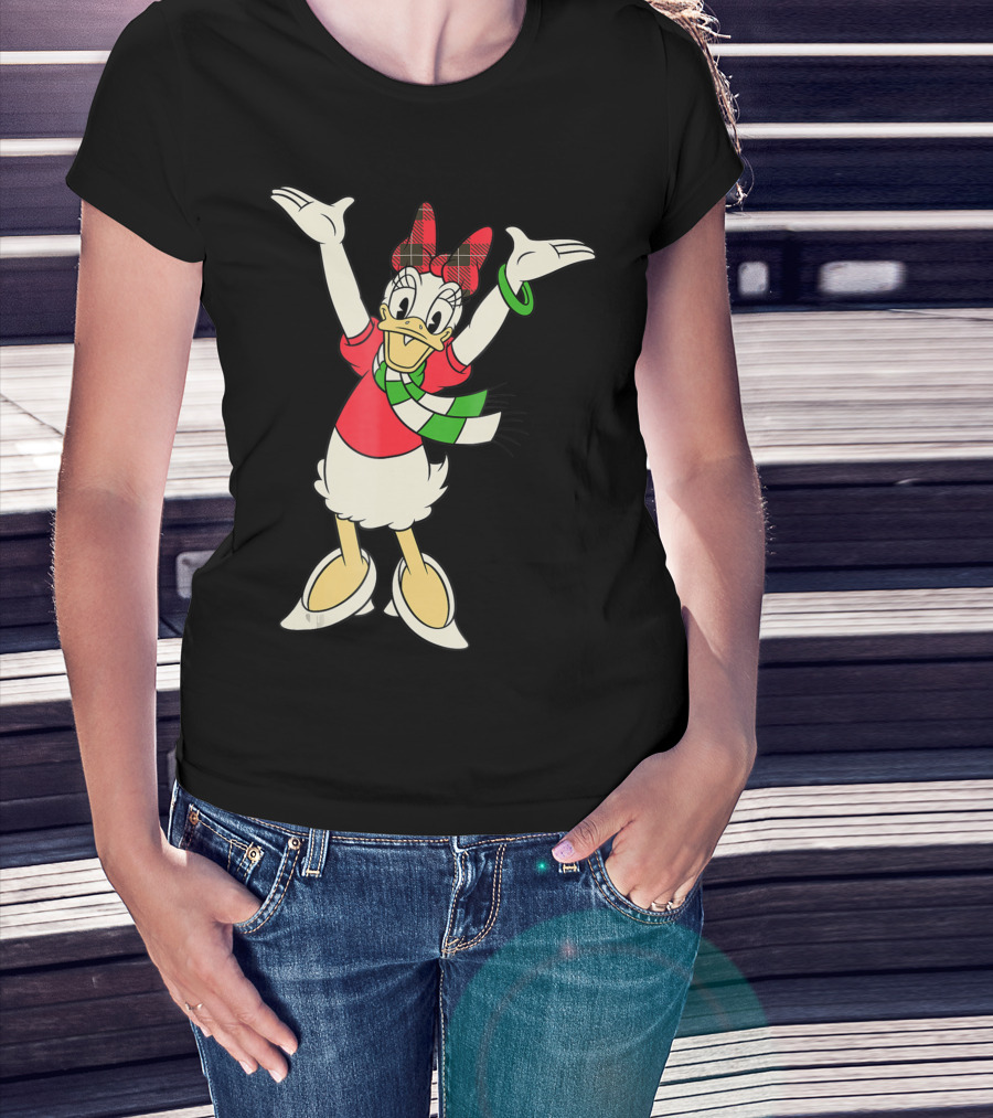 Disney Vintage Daisy Duck Festive Holiday Cheer With Plaid Bow And Green Striped Scarf T-Shirt