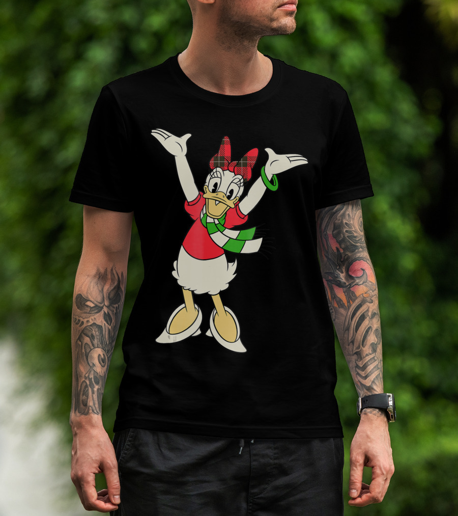 Disney Vintage Daisy Duck Festive Holiday Cheer With Plaid Bow And Green Striped Scarf T-Shirt