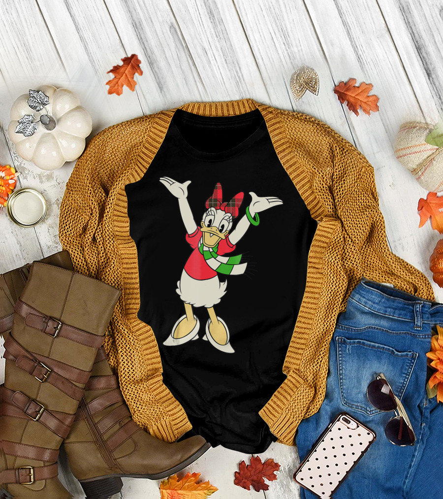 Disney Vintage Daisy Duck Festive Holiday Cheer With Plaid Bow And Green Striped Scarf T-Shirt