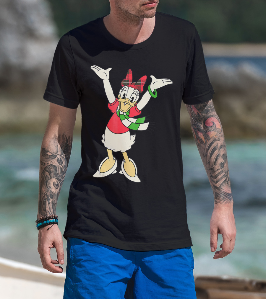 Disney Vintage Daisy Duck Festive Holiday Cheer With Plaid Bow And Green Striped Scarf T-Shirt