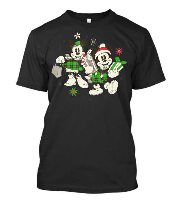 Disney Vintage Mickey And Minnie Mouse Holiday Fun With Presents And Winter Outfits T-Shirt