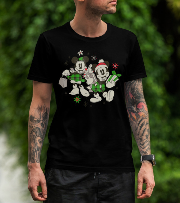 Disney Vintage Mickey And Minnie Mouse Holiday Fun With Presents And Winter Outfits T-Shirt
