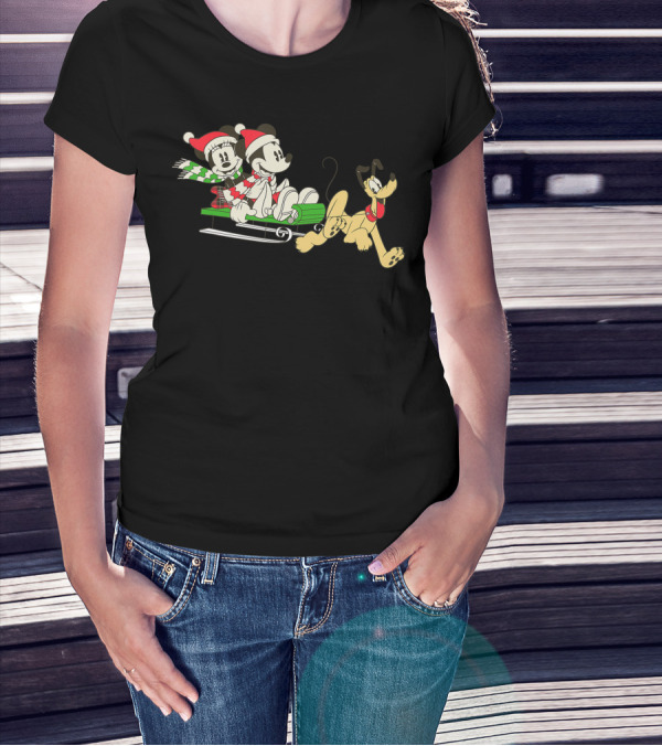 Disney Vintage Mickey Minnie Pluto Holiday Sleigh Ride T-Shirt