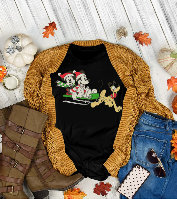 Disney Vintage Mickey Minnie Pluto Holiday Sleigh Ride T-Shirt