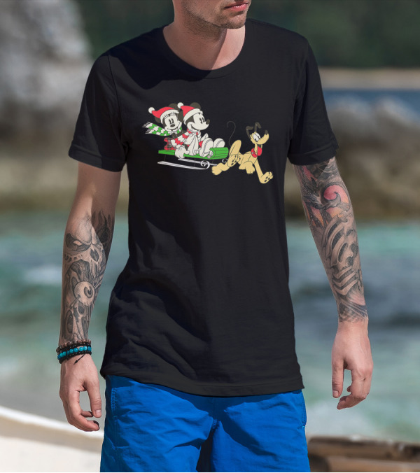 Disney Vintage Mickey Minnie Pluto Holiday Sleigh Ride T-Shirt