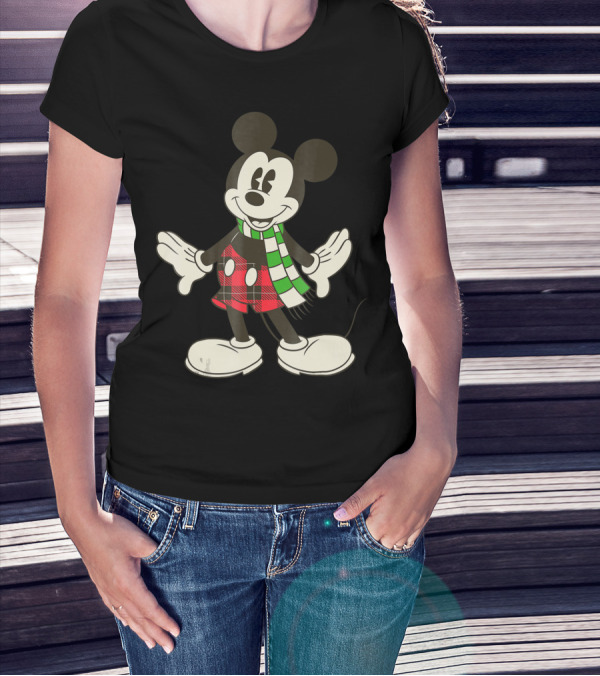 Disney Vintage Mickey Mouse Holiday Plaid Scarf 8J T-Shirt