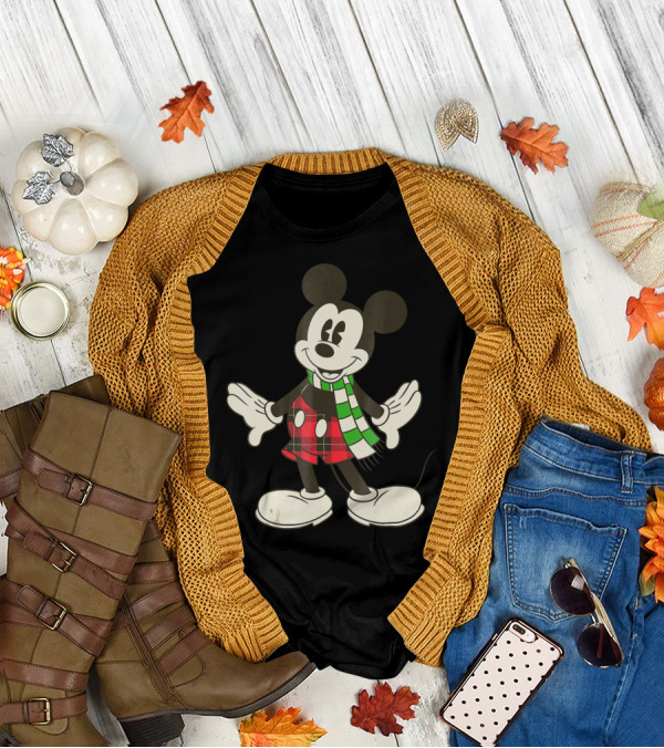 Disney Vintage Mickey Mouse Holiday Plaid Scarf 8J T-Shirt