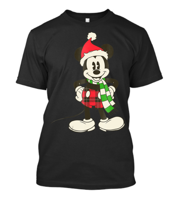 Disney Vintage Mickey Mouse Santa Hat And Plaid Scarf Holiday T-Shirt