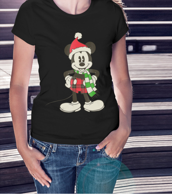 Disney Vintage Mickey Mouse Santa Hat And Plaid Scarf Holiday T-Shirt
