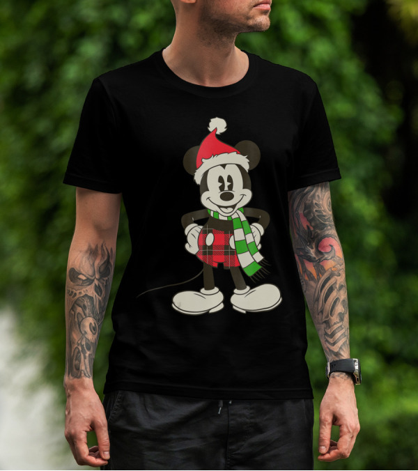 Disney Vintage Mickey Mouse Santa Hat And Plaid Scarf Holiday T-Shirt