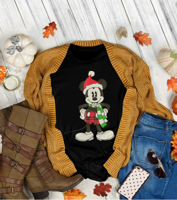 Disney Vintage Mickey Mouse Santa Hat And Plaid Scarf Holiday T-Shirt
