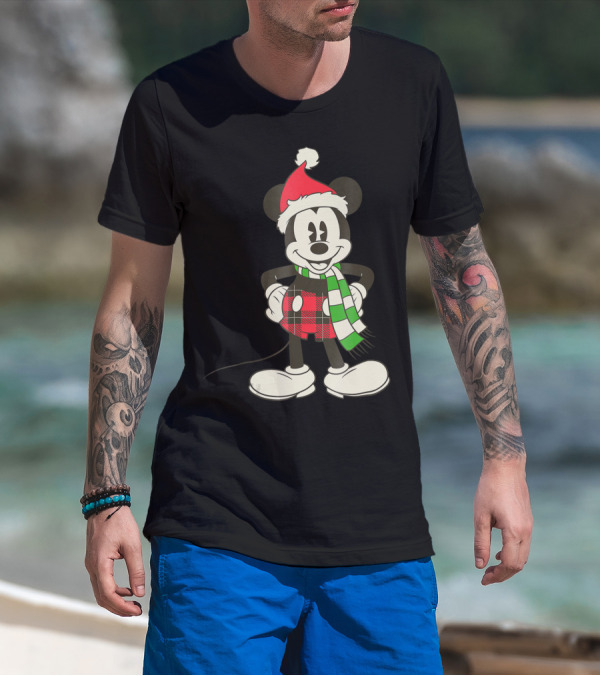 Disney Vintage Mickey Mouse Santa Hat And Plaid Scarf Holiday T-Shirt