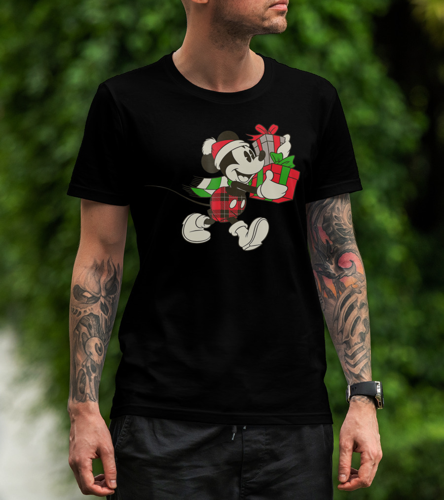 Disney Vintage Mickey Mouse Santa Hat Holiday Holding Christmas Gifts T-Shirt