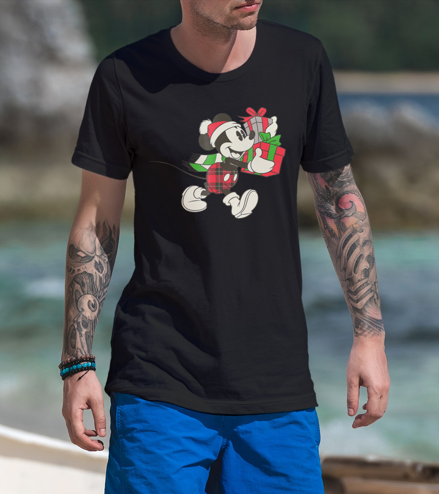 Disney Vintage Mickey Mouse Santa Hat Holiday Holding Christmas Gifts T-Shirt