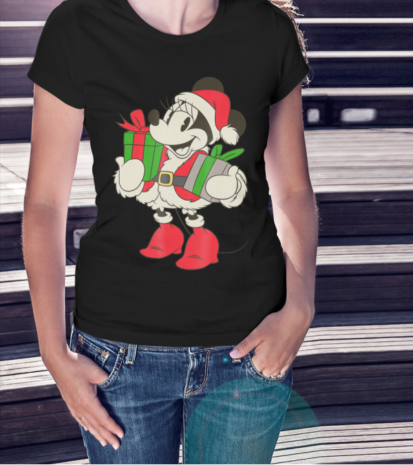 Disney Vintage Santa Minnie Mouse Holding Presents Holiday T-Shirt