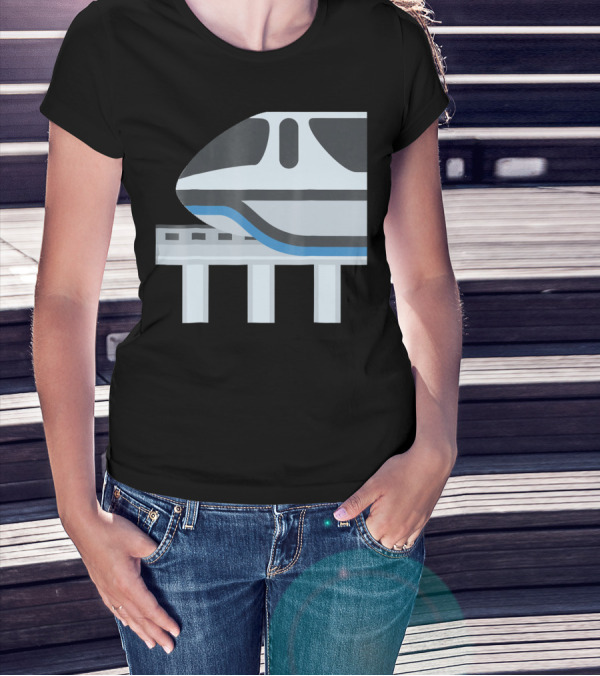 Monorail Train Iconic Side View Blue And Gray Striping Elevated Track T-Shirt