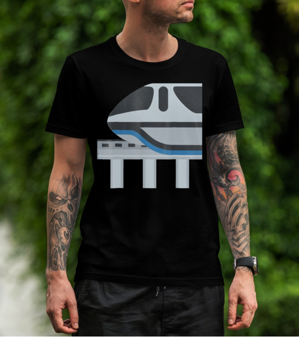 Monorail Train Iconic Side View Blue And Gray Striping Elevated Track T-Shirt