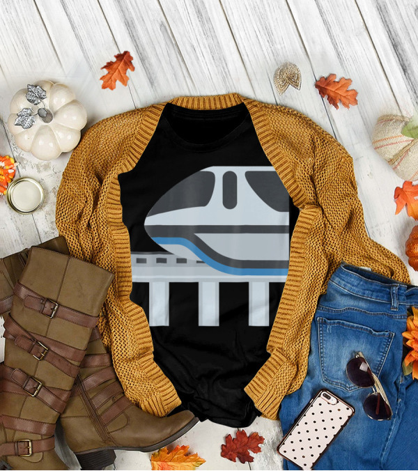 Monorail Train Iconic Side View Blue And Gray Striping Elevated Track T-Shirt