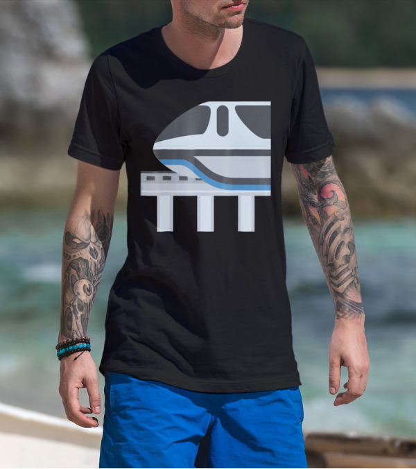 Monorail Train Iconic Side View Blue And Gray Striping Elevated Track T-Shirt
