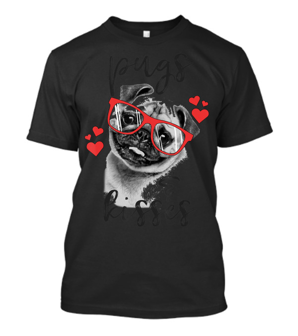 Pugs And Kisses Red Glasses Cute Pug With Red Hearts Valentines T-Shirt