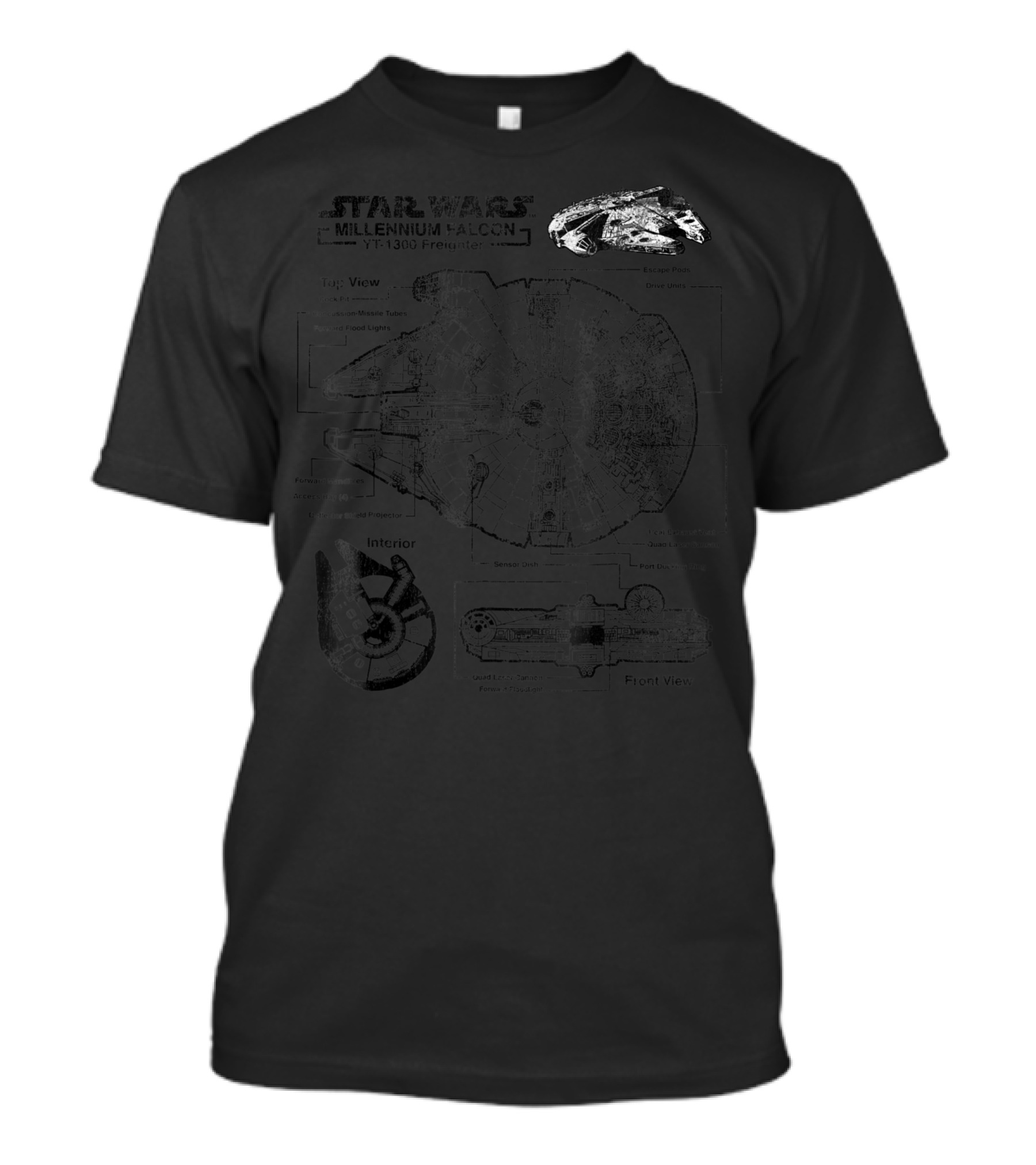 Star Wars Millennium Falcon YT-1300 Freighter Schematics Interior And Front View T-Shirt