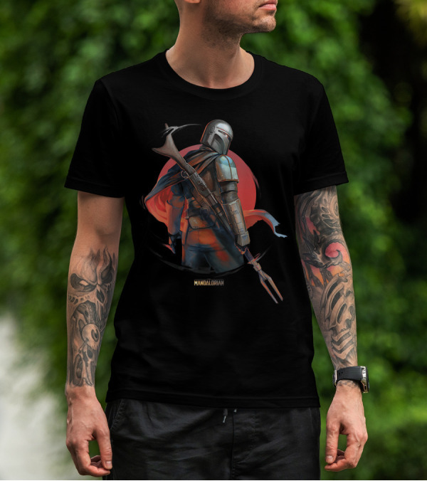 The Mandalorian Star Wars Detailed Artwork With Red Circle Background T-Shirt