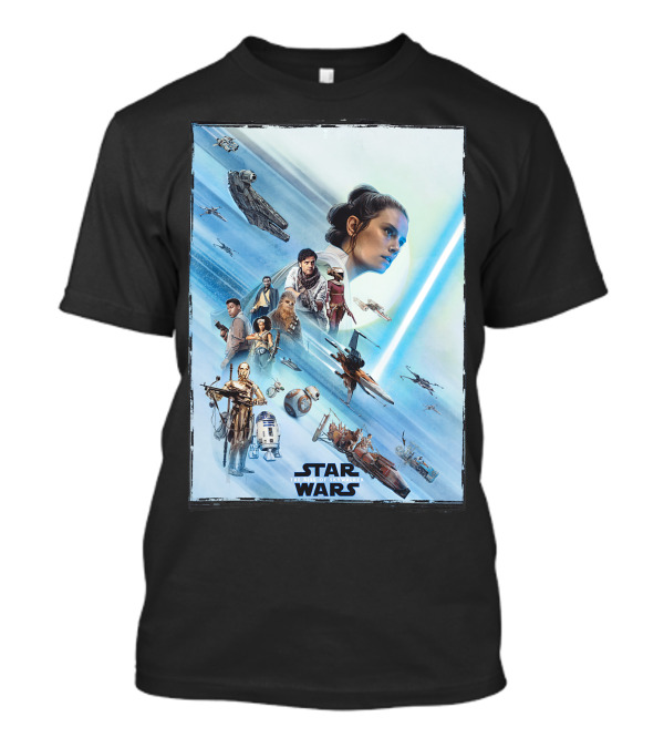 Star Wars The Rise Of Skywalker Rey Millennium Falcon X-Wing R2-D2 Finn Poe Chewbacca C-3PO Characters T-Shirt