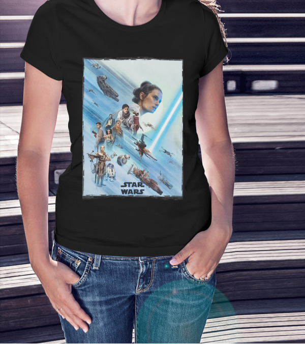 Star Wars The Rise Of Skywalker Rey Millennium Falcon X-Wing R2-D2 Finn Poe Chewbacca C-3PO Characters T-Shirt
