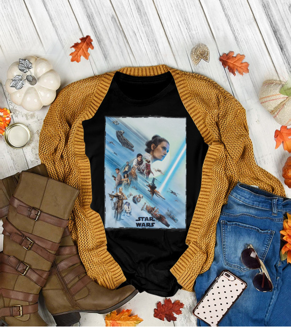 Star Wars The Rise Of Skywalker Rey Millennium Falcon X-Wing R2-D2 Finn Poe Chewbacca C-3PO Characters T-Shirt