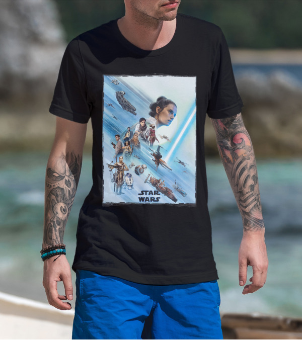 Star Wars The Rise Of Skywalker Rey Millennium Falcon X-Wing R2-D2 Finn Poe Chewbacca C-3PO Characters T-Shirt