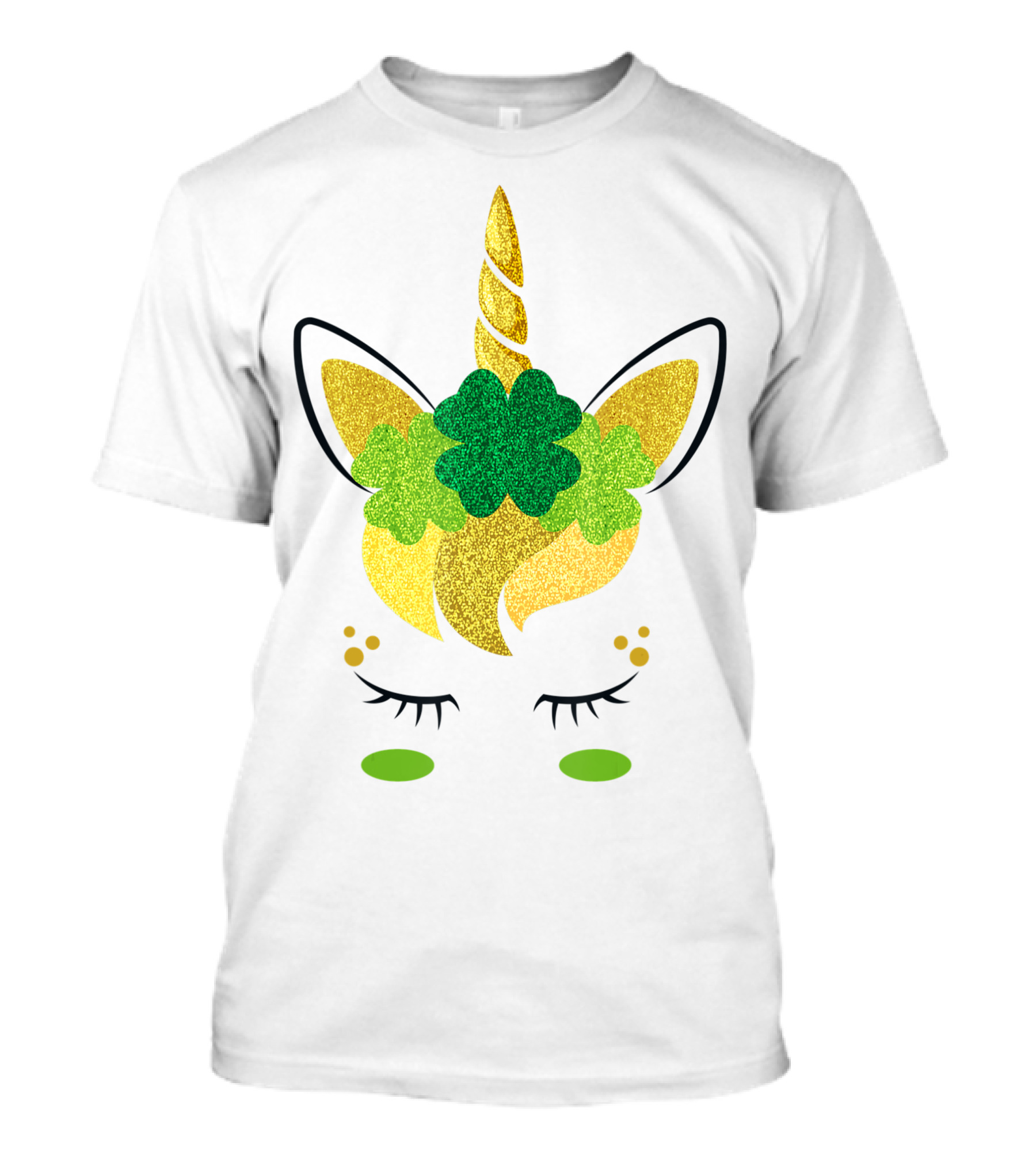 Unicorn Face St Patricks Day Irish Girls Glitter Shamrock Ears T-Shirt
