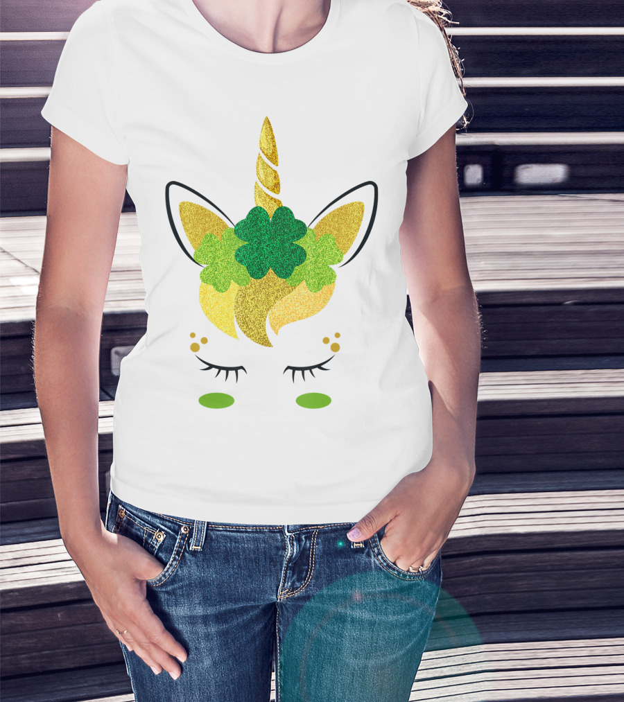 Unicorn Face St Patricks Day Irish Girls Glitter Shamrock Ears T-Shirt