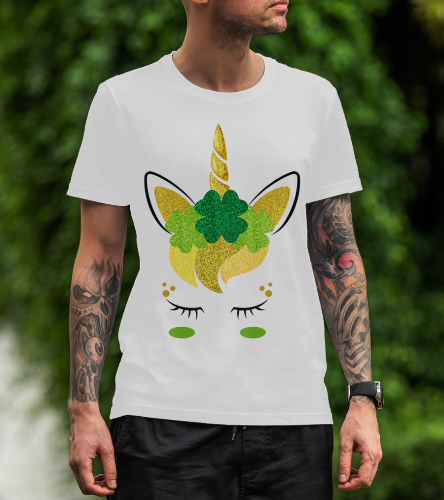Unicorn Face St Patricks Day Irish Girls Glitter Shamrock Ears T-Shirt