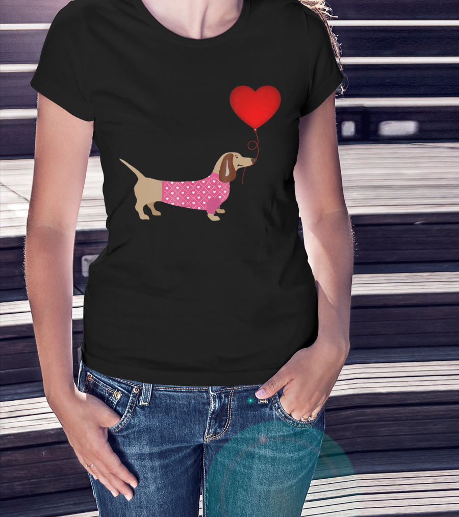 Valentines Wiener Dachshund Doxie With Heart Balloon In Dog Dress T-Shirt