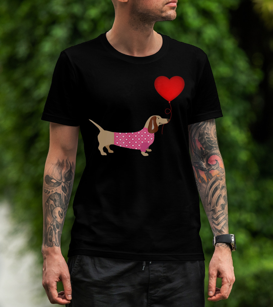 Valentines Wiener Dachshund Doxie With Heart Balloon In Dog Dress T-Shirt