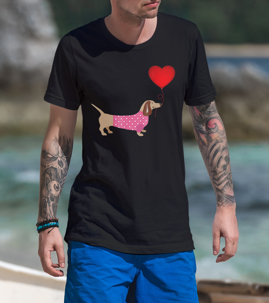 Valentines Wiener Dachshund Doxie With Heart Balloon In Dog Dress T-Shirt