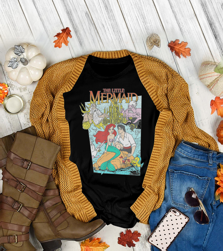 The Little Mermaid Vintage Cover Featuring Ariel, Eric, Triton, Ursula, and Flounder T-Shirt
