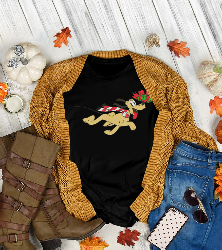 Disney Vintage Pluto Festive Running With Presents And Scarf T-Shirt